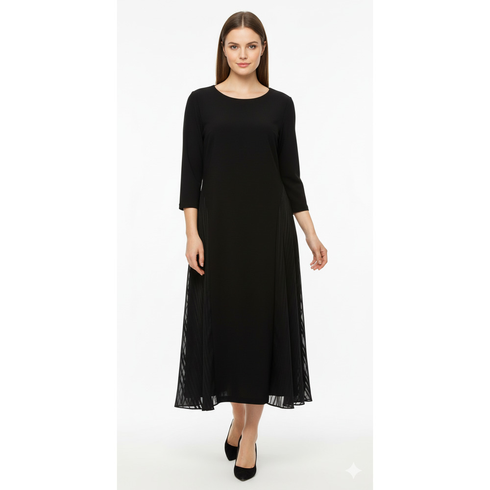 Ralph Lauren Black Long Dress Women Black Fit Flare Lace Insets 3/4 Sleeves 12 L